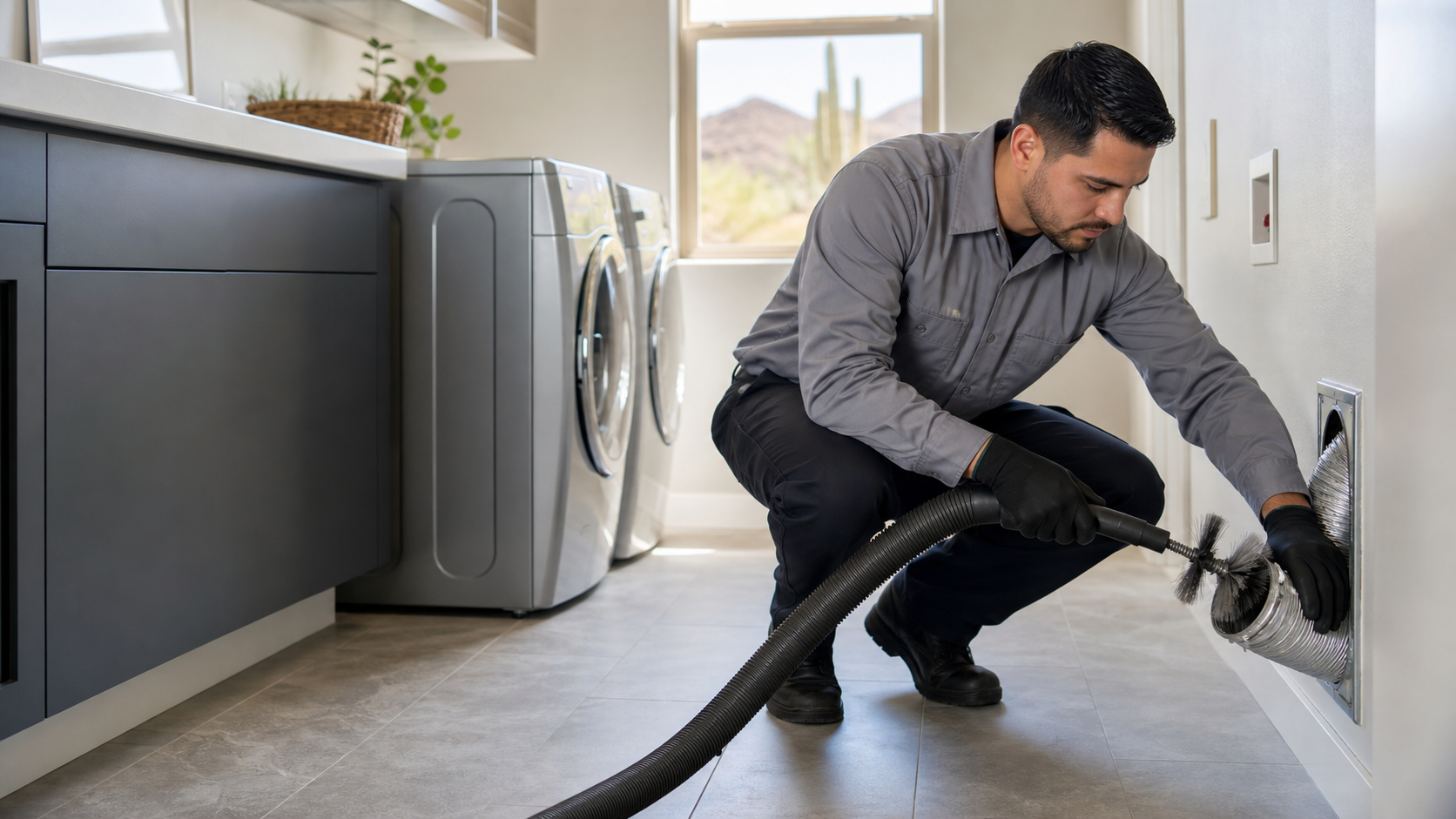 Dryer vent cleaning service request in a Phoenix laundry room
